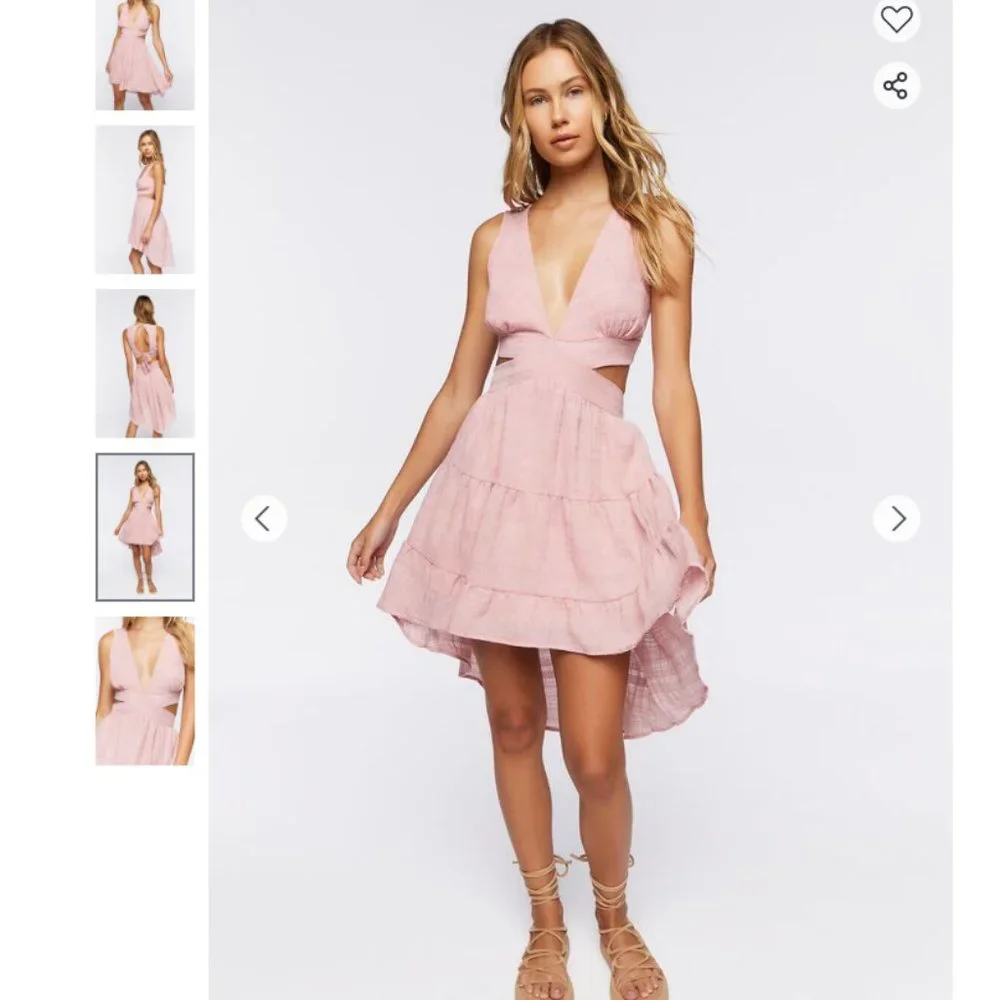 Cutout High-Low Midi Dress - Pink Linen Open Back Deep V Mini Dress - Picture 5 of 6